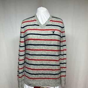 American‎ Eagle Outfitters Men's M Gray Red Blue Striped V-Neck Cotton Sweater